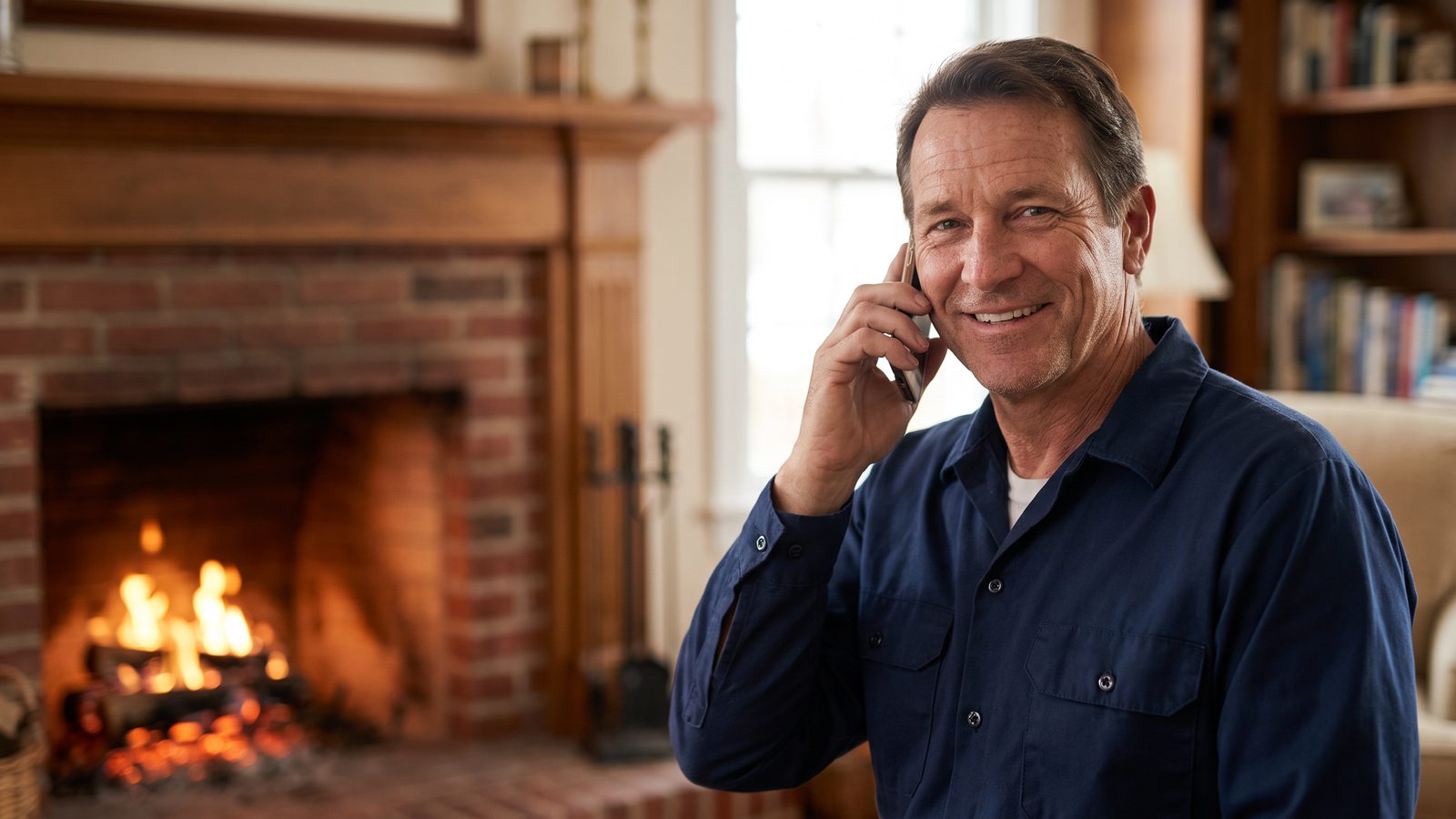 Friendly Tennessee Valley Chimney technician answering the phone by a fireplace