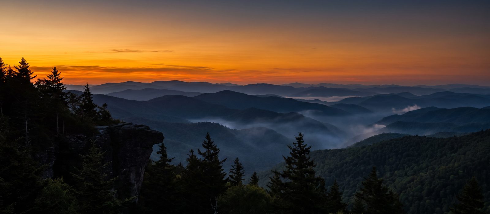 Mountain sunset over pine forest in East Tennessee
