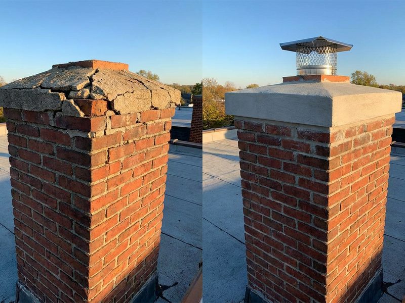 Cracked chimney crown before and the freshly rebuilt crown after repair