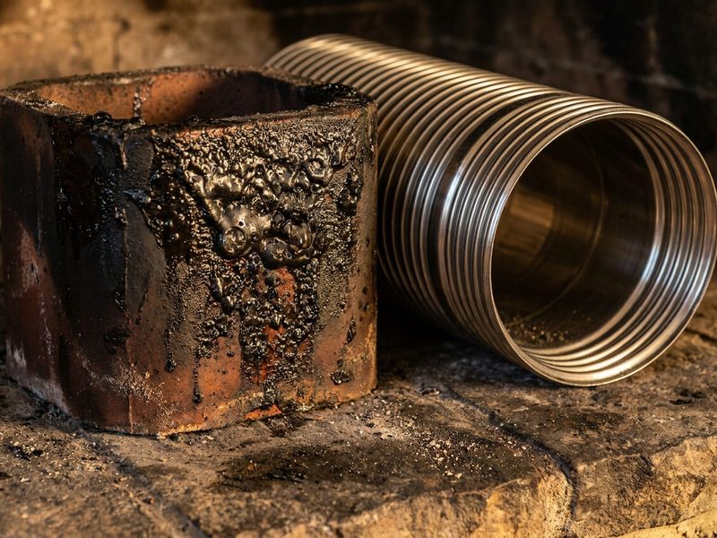 Creosote-glazed old flue tile beside the new stainless liner that replaced it