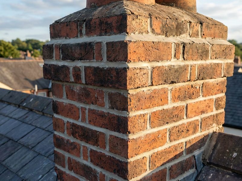 Freshly tuckpointed brick chimney with crisp new mortar joints