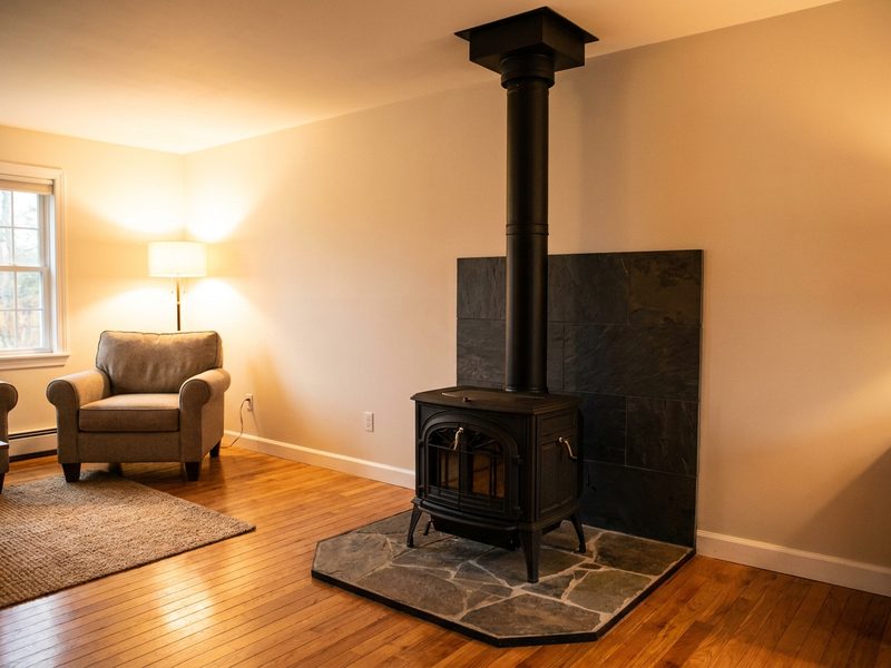 Completed wood stove installation with stone hearth and wall shield