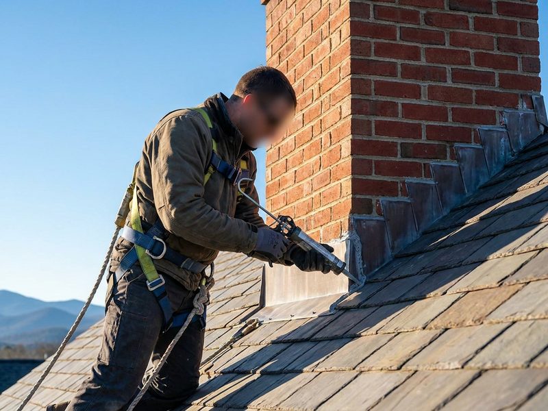 Technician sealing new chimney flashing on a bright roof