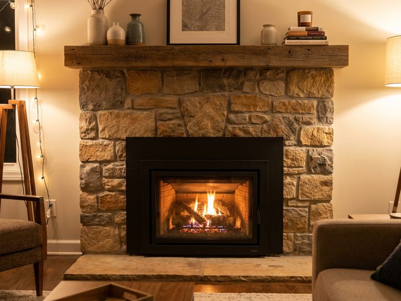 Finished fireplace insert glowing behind glass with stone surround