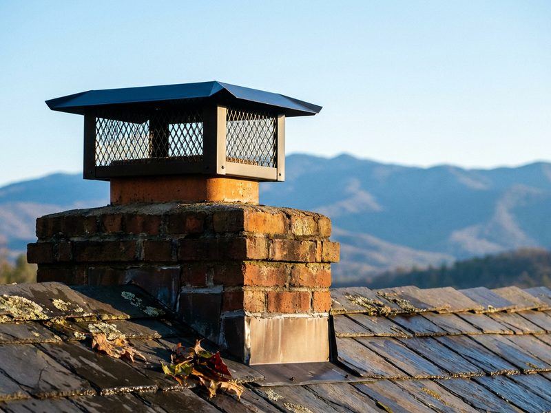 New stainless chimney cap installed against mountain ridges