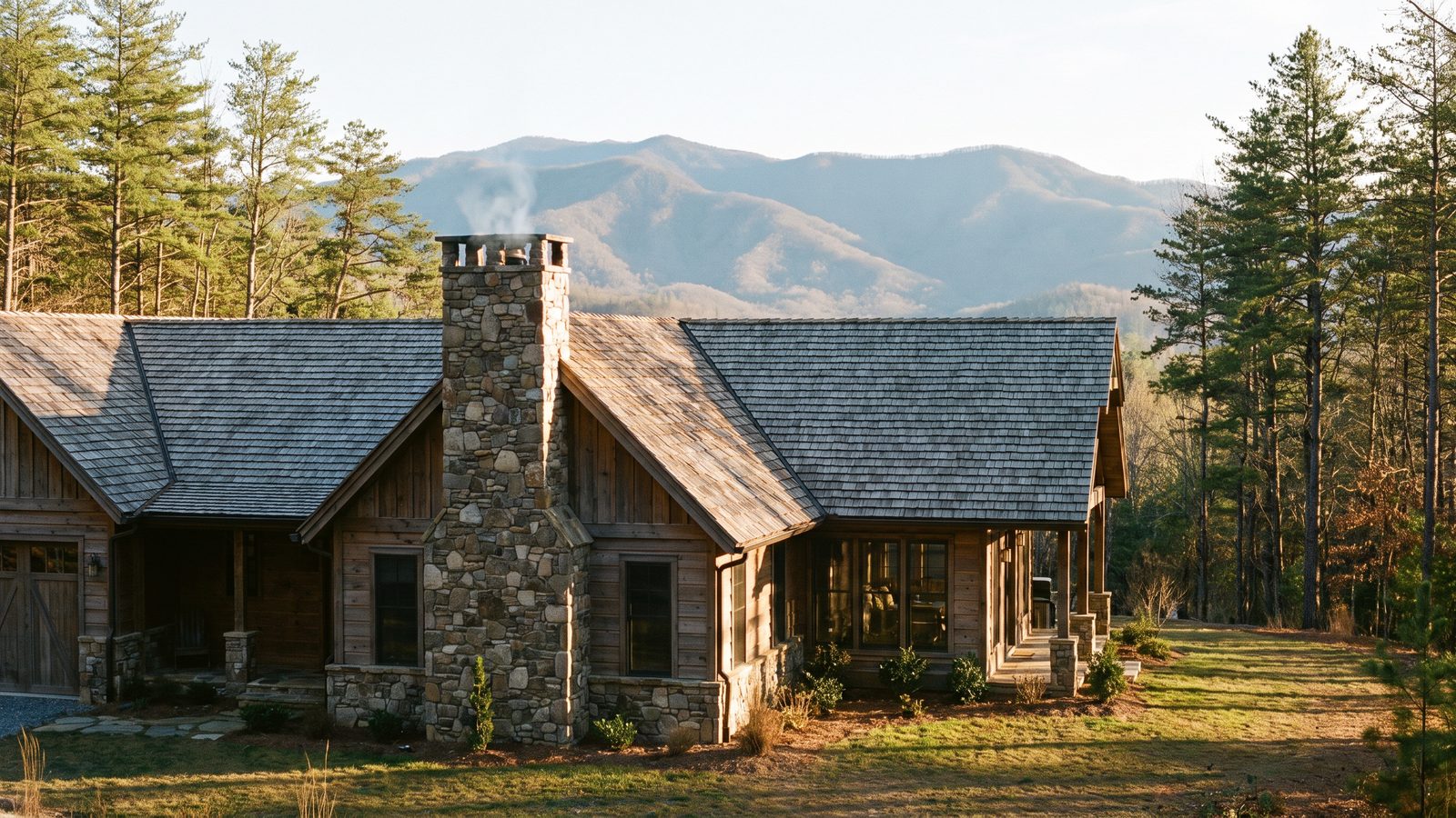 Stone chimney on an East Tennessee home at dusk with the Smoky Mountains behind it