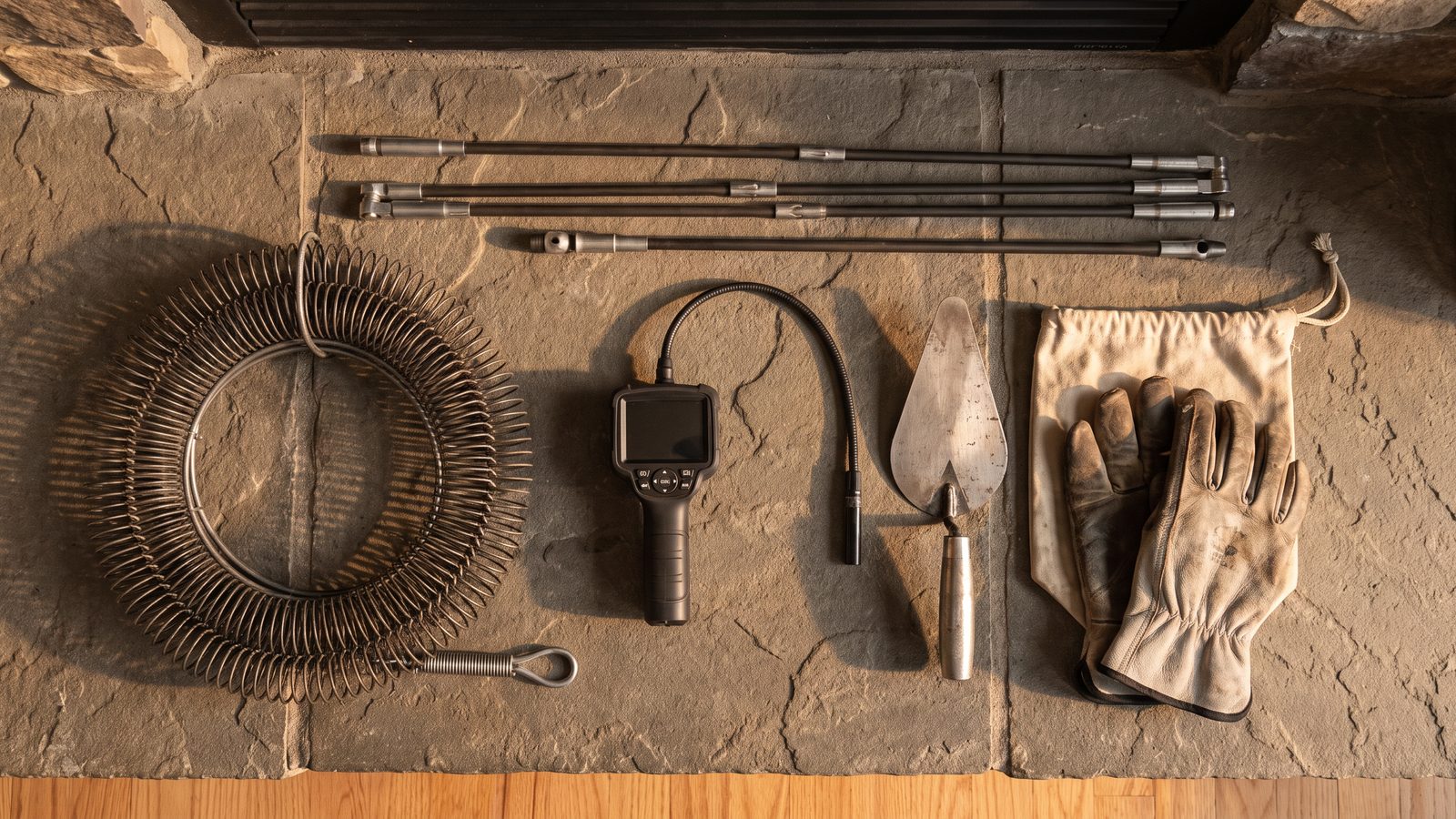 Professional chimney sweep brushes, camera inspection gear, and masonry tools