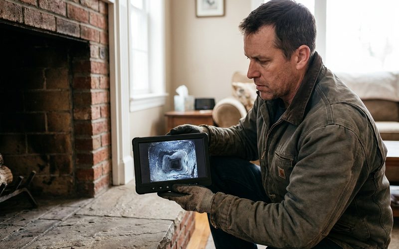 Gloved hands holding a chimney inspection camera at an open fireplace damper