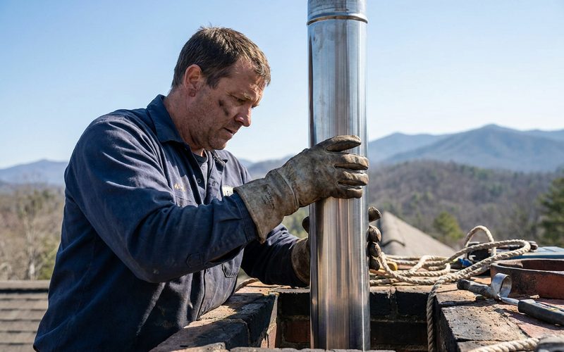 Worker guiding a stainless steel chimney liner into an open flue