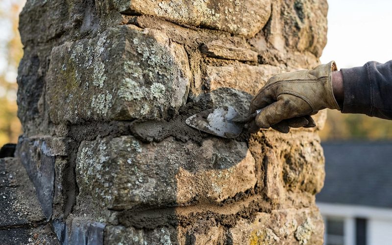 Mason's gloved hand tooling fresh mortar between weathered stones