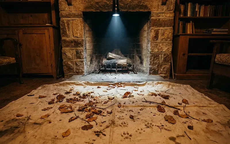 Leaves, twigs and animal tracks on a hearth drop cloth lit by flashlight