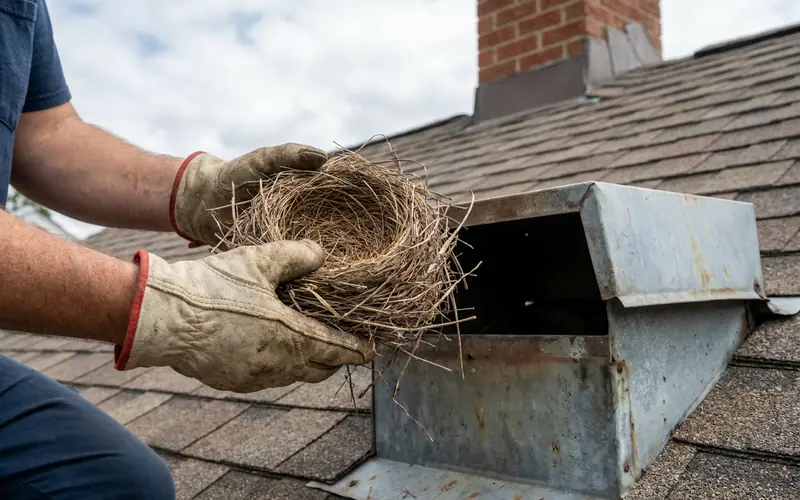 Gloved hands holding a removed twig bird nest beside a chimney cap box