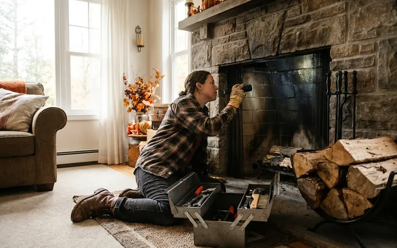 Homeowner kneeling with a flashlight to check a fireplace before the first fall fire