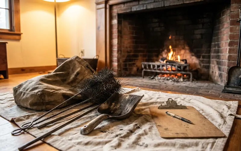Chimney sweep tools laid out on a hearth drop cloth before a visit