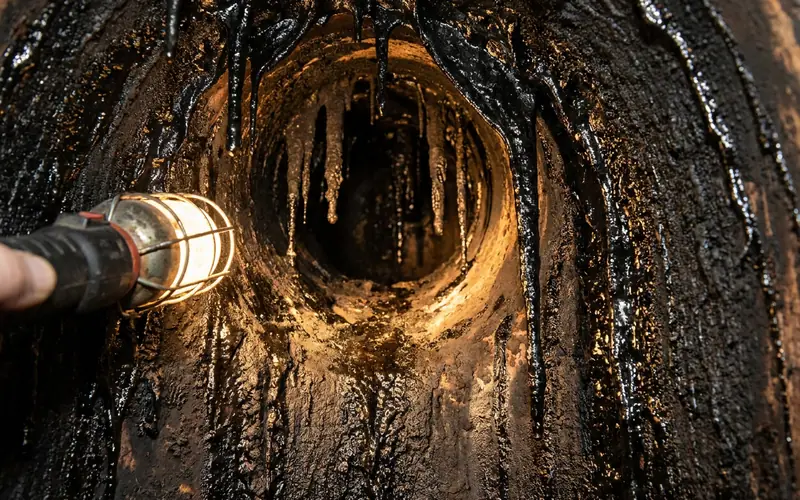 Close-up of glossy black creosote glaze inside a flue tile under work light