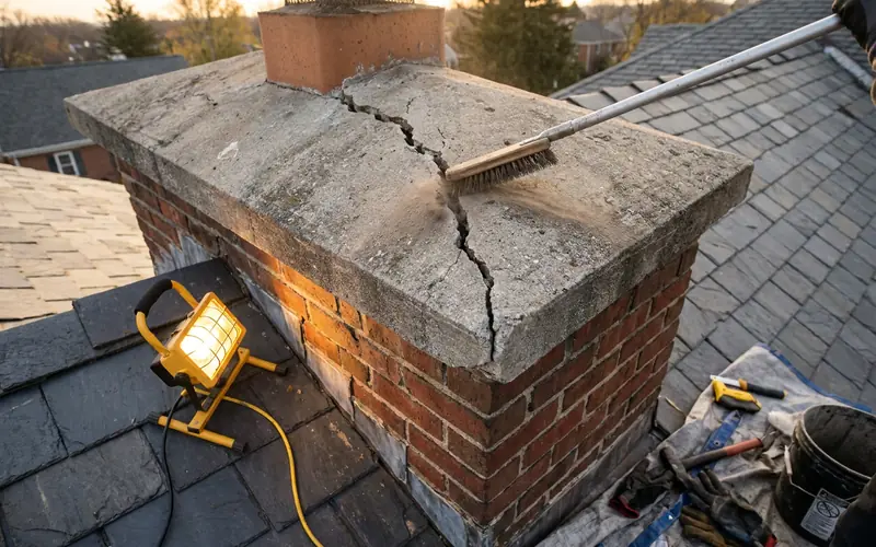 Cracked chimney crown being brushed clean for repair in work light