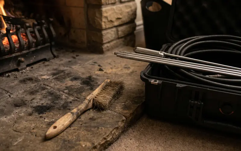 A flimsy hardware store brush beside a professional rotary sweep kit on a hearth