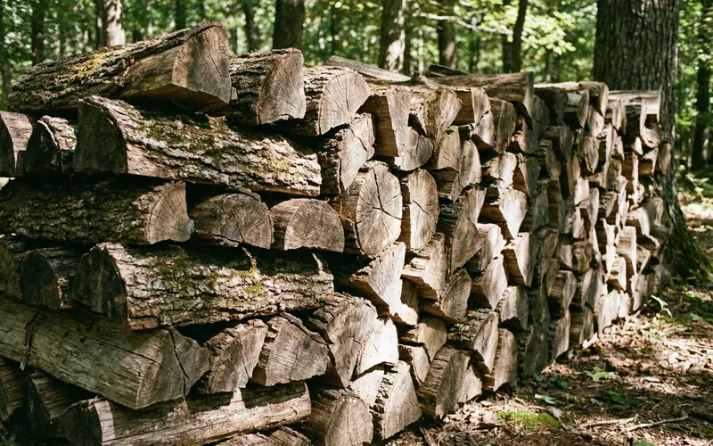 Tall stack of split oak firewood seasoning in dappled woodland sun