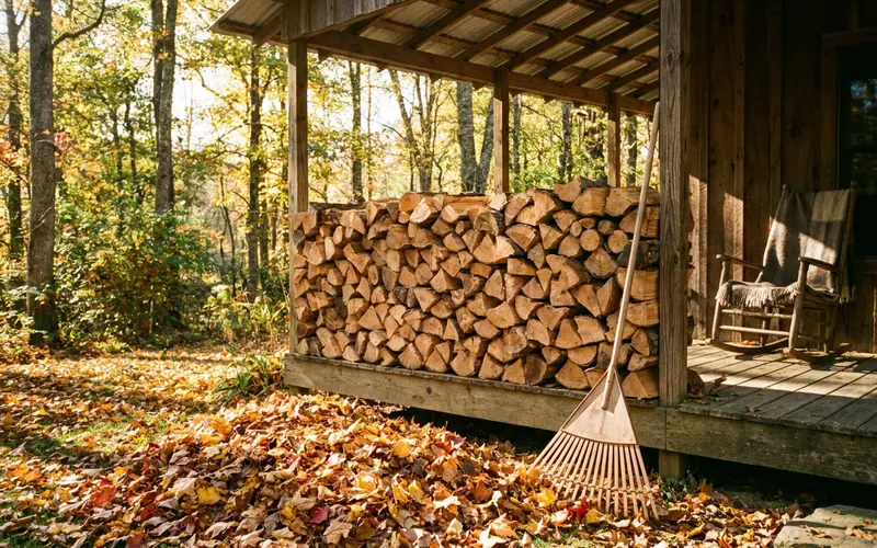 Neatly stacked split firewood on a covered porch in autumn light