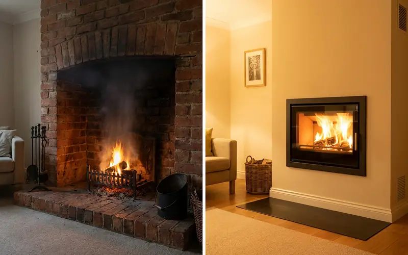 Open brick hearth on one wall and a modern sealed wood insert on the other