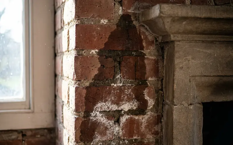 Dark water stain spreading on brick with white efflorescence near a fireplace