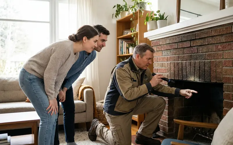 Home inspector pointing inside a fireplace while a couple watches during a walkthrough