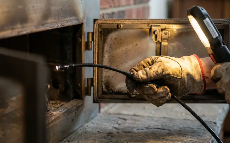Chimney inspection camera in a gloved hand at an open fireplace damper