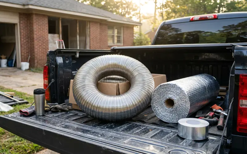 Coiled flexible stainless steel chimney liner kit on a truck tailgate