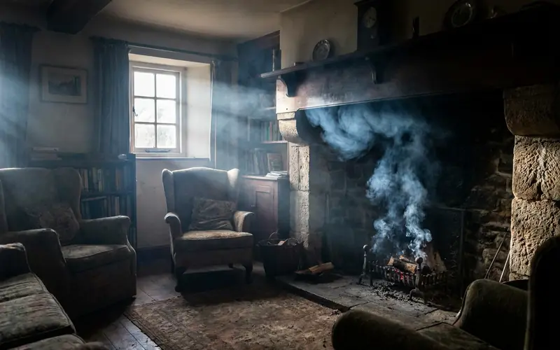 Thin smoke curling out from under a mantel into a dim living room