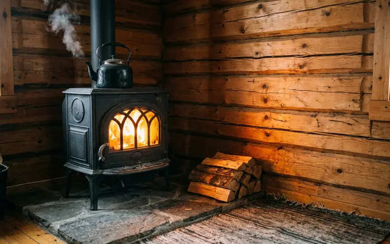 Glowing cast iron wood stove in a cabin corner with firelight on log walls