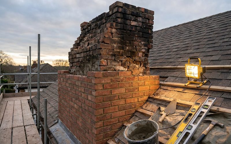 Chimney mid-rebuild showing fresh brick below weathered original masonry