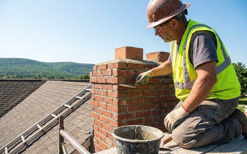 Mason in safety gear tuckpointing a brick chimney above a roofline
