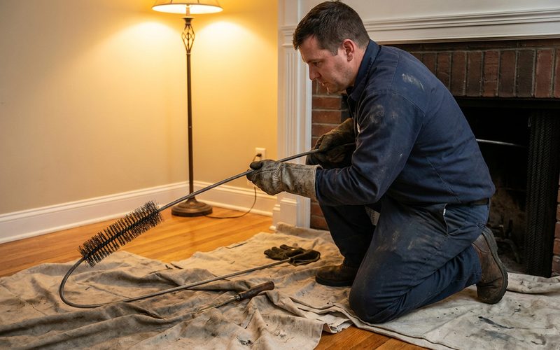 Chimney sweep brush being fed into a brick fireplace flue over protective drop cloths