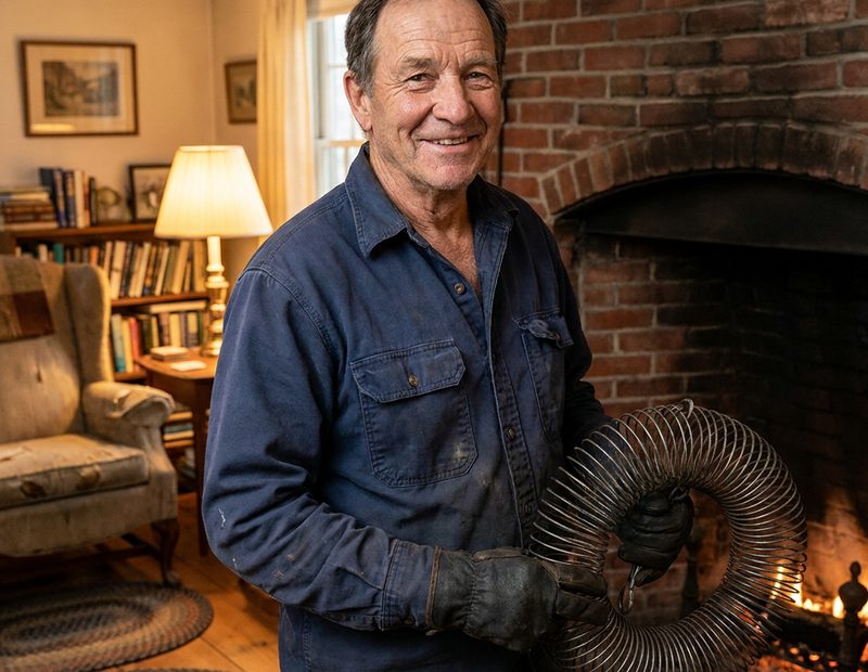 Tennessee Valley Chimney technician smiling with a chimney brush beside a brick fireplace